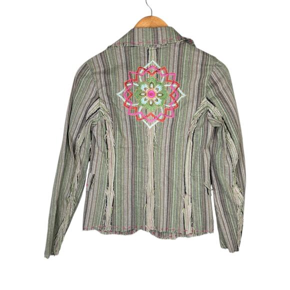 Aziz Green & Gray Stripe Distressed Edge Embroidered Flower Cotton Blazer Jacket - Picture 7 of 9